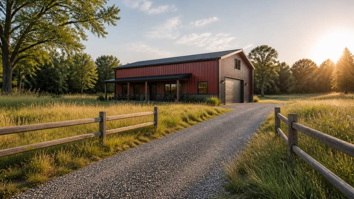 A long, narrow gravel driveway leading to a compact red-iron steel barndominium with a side-load garage door, tall grass and a split-rail fence on either side, late afternoon light