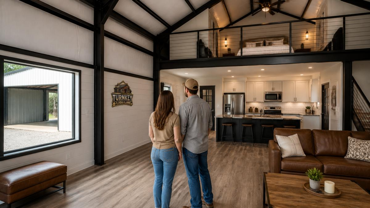 A couple in a single story barndominium admiring the loft bedroom suite and attached garage view.