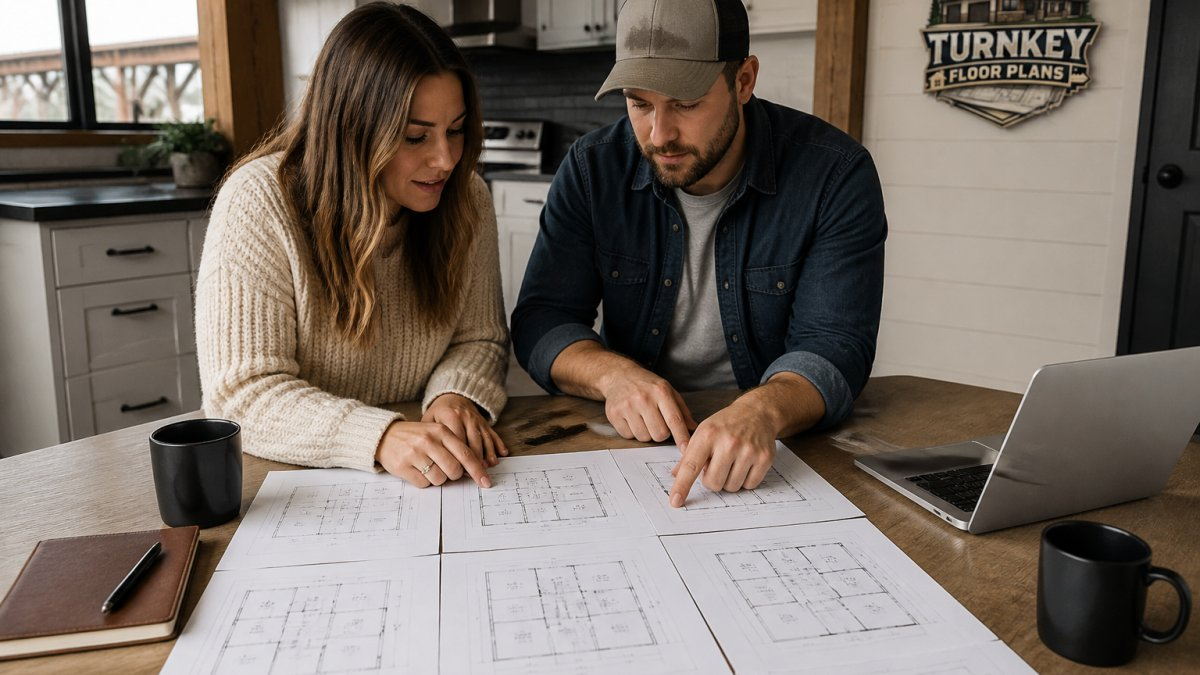 A couple reviewing printed barndominium floor plan layouts on a kitchen table beside a laptop, notebook, and coffee mugs in a bright home office