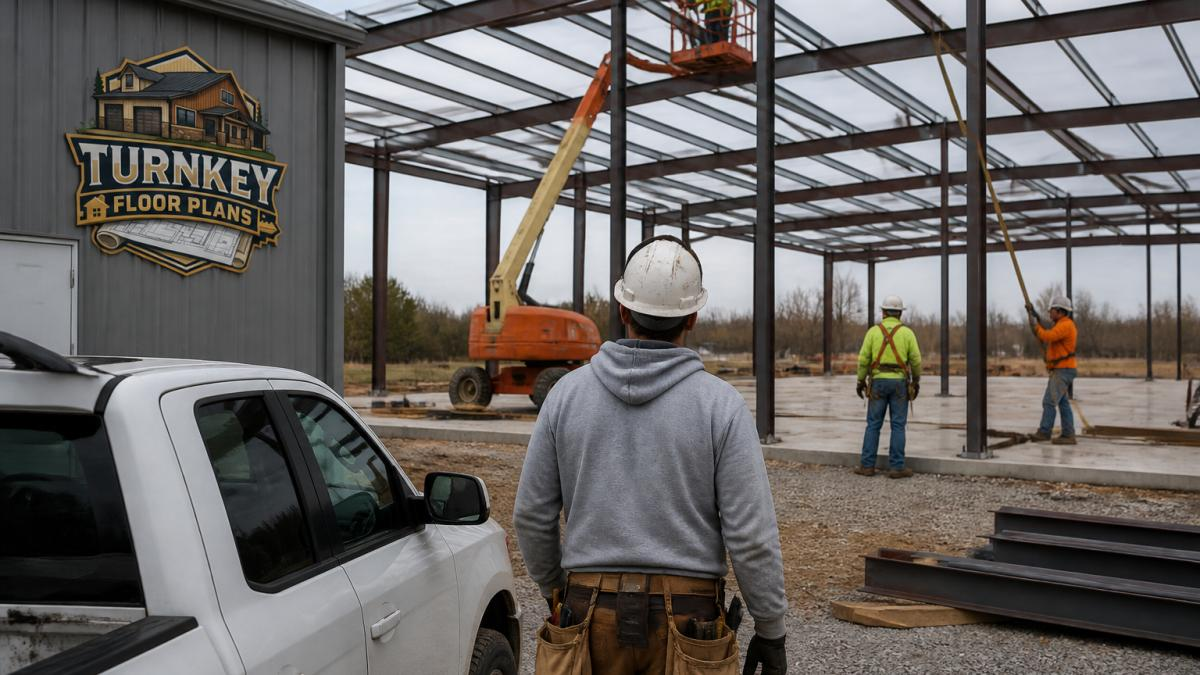 Metal building frame under construction with steel columns and beams being assembled on site, workers in safety gear visible during the erection phase