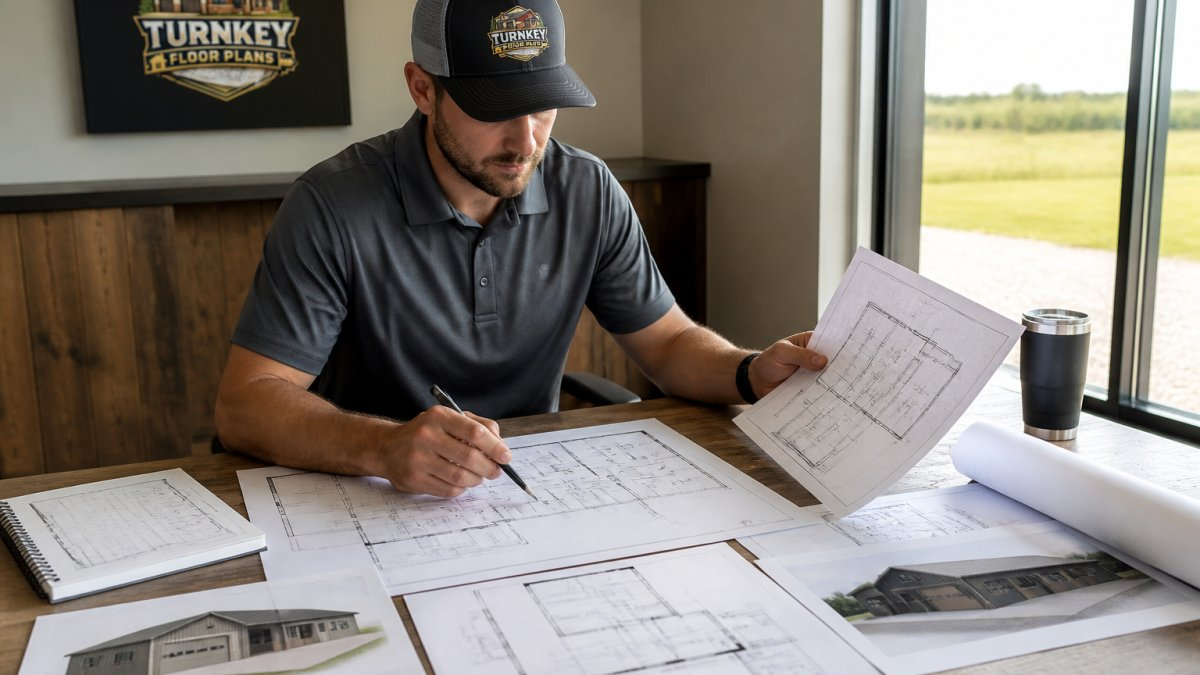 Professional reviewing custom barndominium floor plan sketches and design layouts at a desk with natural light and architectural drawings spread across the surface