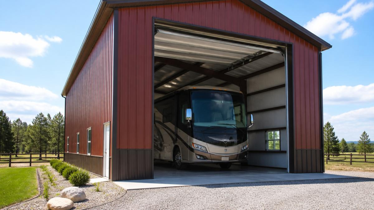 Class A motorhome parked inside a spacious detached shop rv bay with an open roll-up door on a rural property