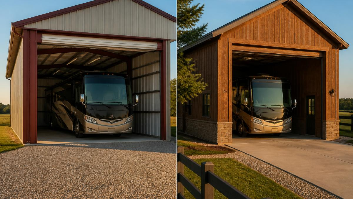 Class A motorhome parked inside a steel-framed RV garage during a golden late afternoon in a rural setting.