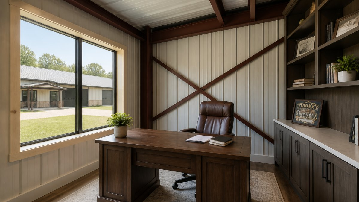 A bright corner home office inside a barndominium, with a large window, a desk facing the room, built-in shelves, and a steel-framed wall visible behind the chair