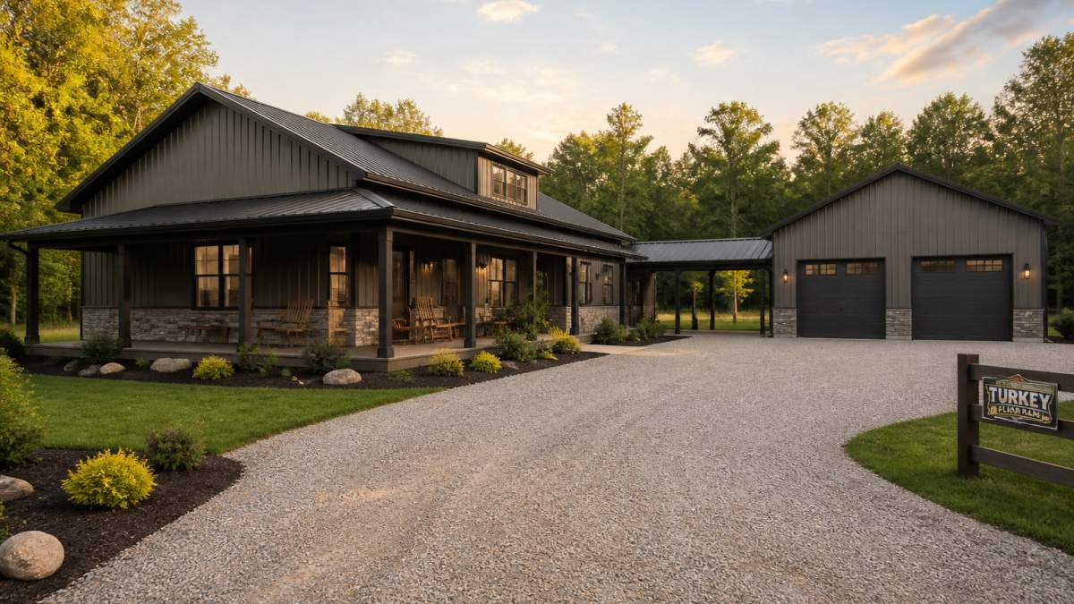 A steel-framed barndominium with a separate detached garage connected by a covered breezeway, wide gravel driveway, rural property with trees in the background, late afternoon light