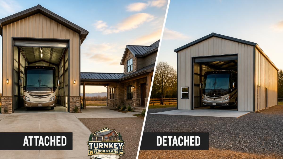 Class A motorhome parked inside a steel-framed attached RV garage connected to a home by a breezeway.