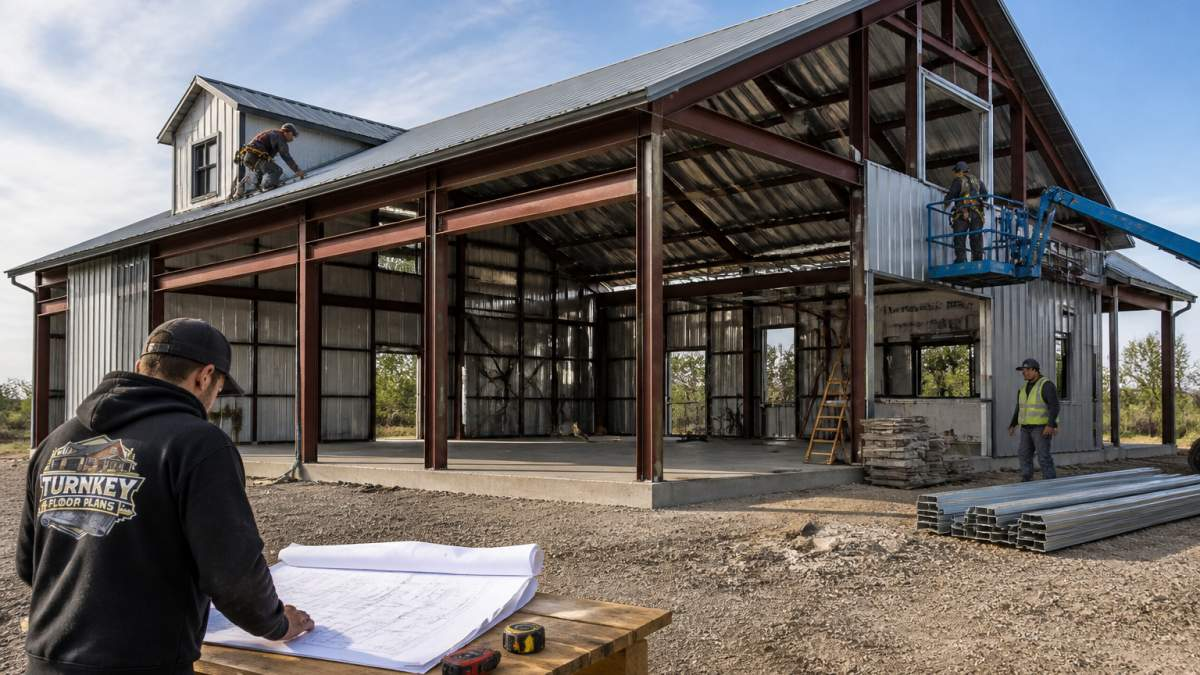 Wide-angle view of a completed metal-framed residential home with steel columns and beams visible, showing the structural frame during mid-construction phase with workers on site