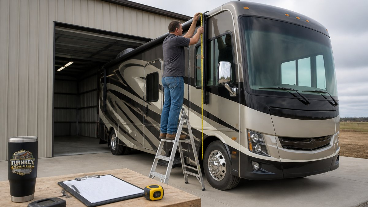 A person on a stepladder using a tape measure to check the height of a Class A motorhome parked beside a metal garage building, with a clipboard nearby